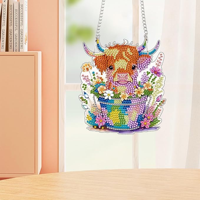 AiYuanzsh Animal Cow Diamond Painting Pendant Kit, 5D DIY Acrylic Diamond Art Hanging Ornament with Flower Pot and Floral Design, Special Shaped Rhinestone Pendant Craft, Wall Decor Gift for Adults