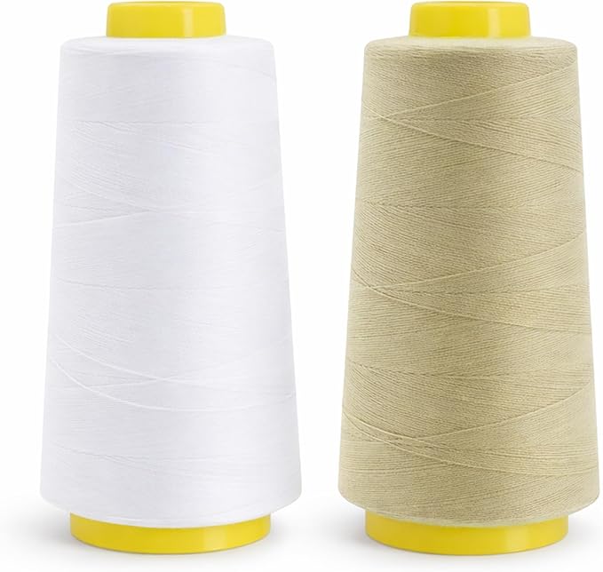 Mandala Crafts White and Beige Thread Cones for Machine and Hand Quilting - 4800 Yds 50 WT Multiple Purpose Mercerized 100% Cotton Threads for Sewing Machine Serger Embroidery