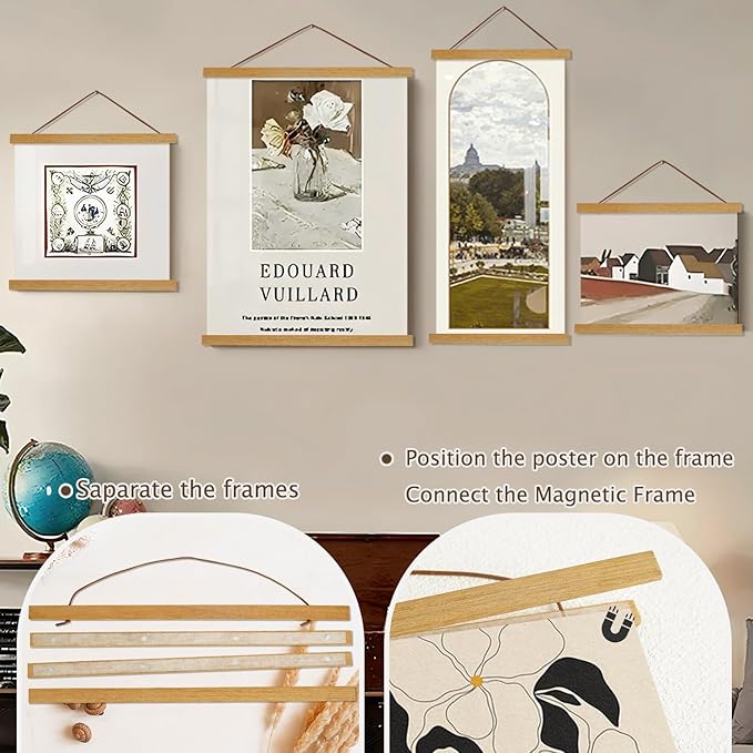 2 Pack Magnetic Poster Hanger Frame, 33x24 33x23 33x47 Light Wood Wooden Magnet Canvas Artwork Print Dowel Poster Hangers Frames Hanging Kit (Teak Wood, 33", 2 Packs)