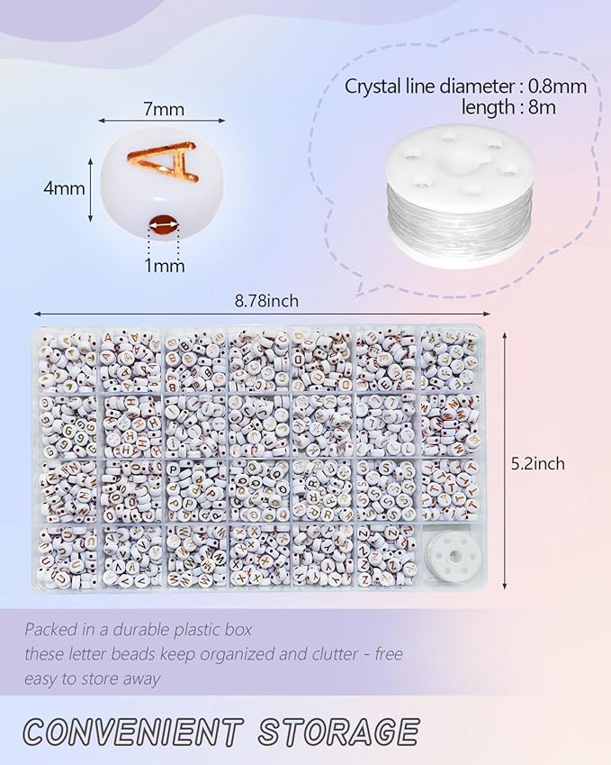 1400pcs Rose Gold Letter Beads 4x7mm White Round Acrylic Alphabet A-Z Heart Pattern Beads and Crystal Line for Jewelry Making Bracelets Necklaces Key Chains