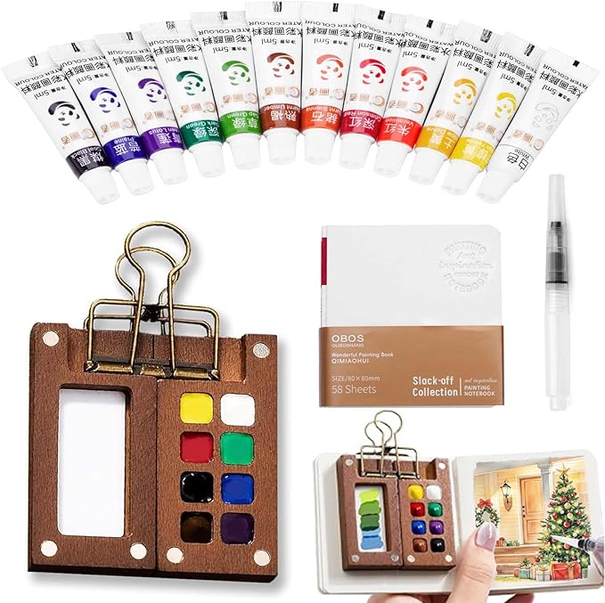 Mini Watercolor Paint Set, Mini Paint Palette Travel Kit, Pocket Artist Watercolor Travel Set Colors, Sketchbook, Brush, Metal Clip, for Beginners, Artists, Enthusiasts (8 Grids, 12 Colors)