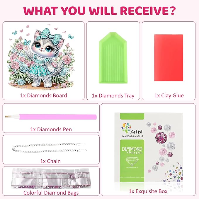 MEIYUDA Cat Diamond Art Hanging Kits for Adult, Flowers Cat Diamond Painting Hanging Kits Ornaments, DIY Special Shaped Rhinestone Window Pendants Kit for Home Garden Wall Decor Gift