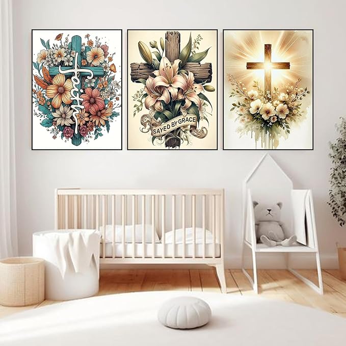 igoodom 3 Pack Cross Diamond Art Kits for Adults, Religious Diamond Painting Kit, Full Drill Round Diamond Art Kits, DIY Gem Art and Crafts for Home Wall Decor Gift 12x16inch