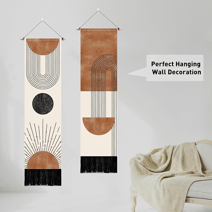 PLIGREAT 2 Pack Boho Style Tapestry with Tassels, 52" x 13" Geometric Aesthetic Wall Hanging Vertical Home Art Tapestry for Bedroom Living Room Bathroom Long Narrow Wall Hanging Art Decor