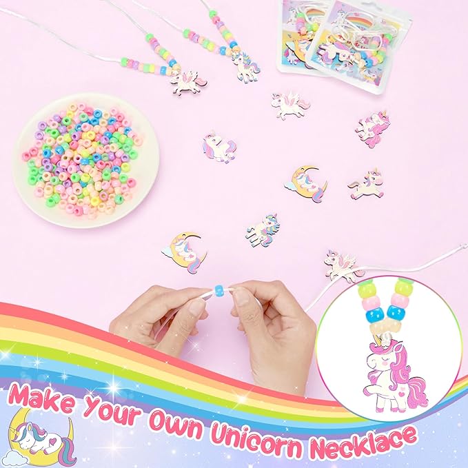 Bafeil 24 Set Unicorn Crafts Jewelry Necklace Making Kit, Wood Unicorn Charms with Pony Beads DIY Set for Arts and Crafts, Dress up, Birthday Party Favors, Gifts, Goodie Bag Stuffers, Group Prizes