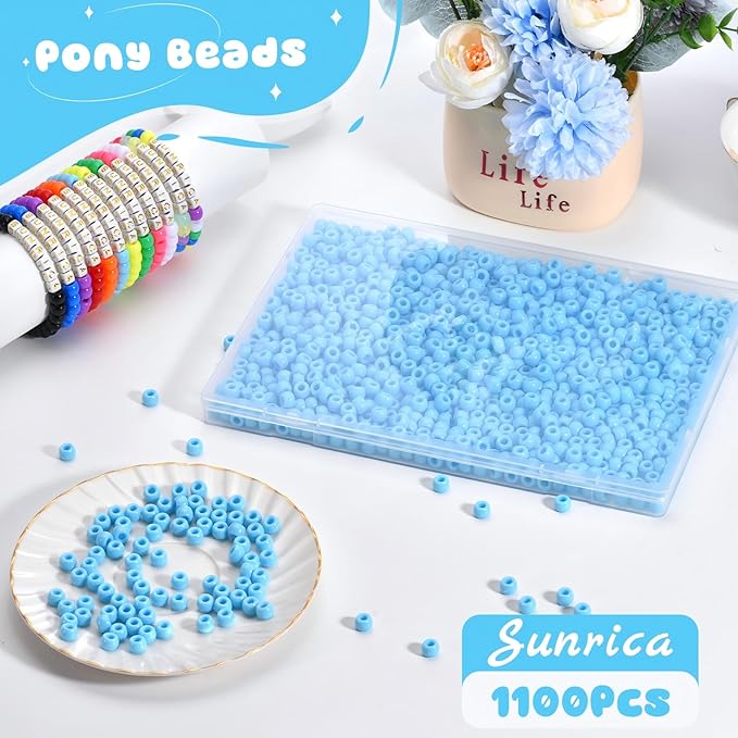 sunrica 1100pcs light blue pony beads 6x9mm large hole plastic beads for kandi, hair braids, necklaces, friendship bracelets