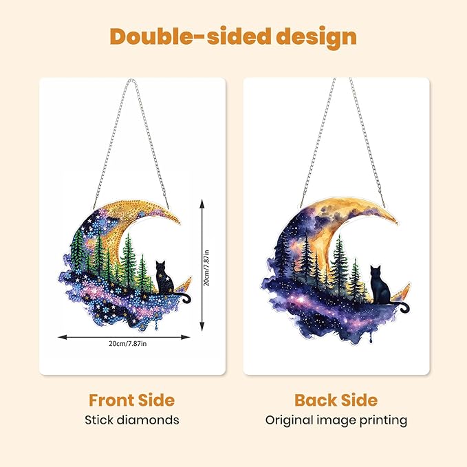 MXJSUA Forest Moon Cat Diamond Painting Art Window Suncatchers, Diamond Art Kits for Adults Hanging Ornaments with Chain, 5D Special Shape Crystal Diamond Pendant Accessories for Decor Gift 8x8 Inch