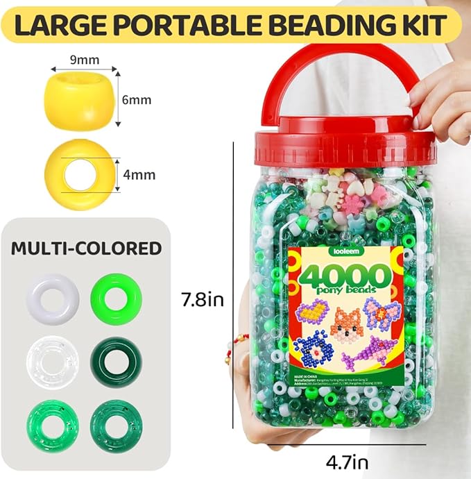 iooleem green solid & glitter bulk pony beads - 4000pc kit for friendship bracelets & jewelry making, easy storage