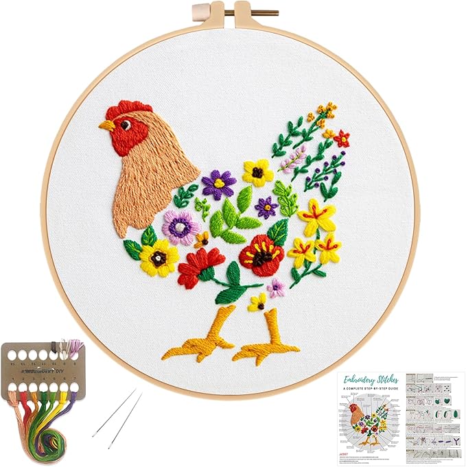 Louise Maelys Funny Animal Embroidery Kits for Beginners,Cross Stitch Kit for Adults,DIY Needlepoint with Hens and Flower Pattern