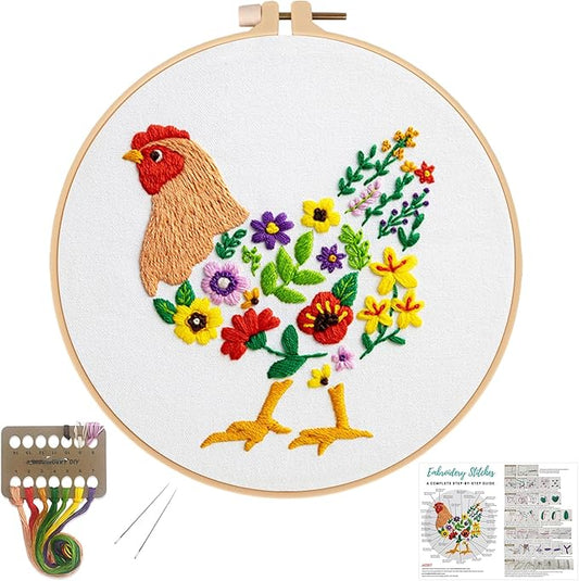Louise Maelys Funny Animal Embroidery Kits for Beginners,Cross Stitch Kit for Adults,DIY Needlepoint with Hens and Flower Pattern