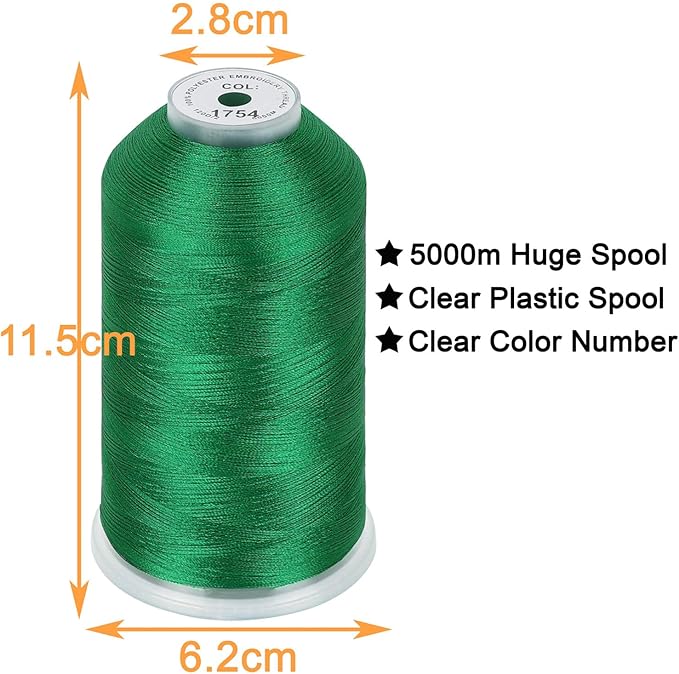 New brothread - 2 Huge Spools 5000M Each Polyester Embroidery Machine Thread 40WT for Commercial and Domestic Machines - Christmas Green
