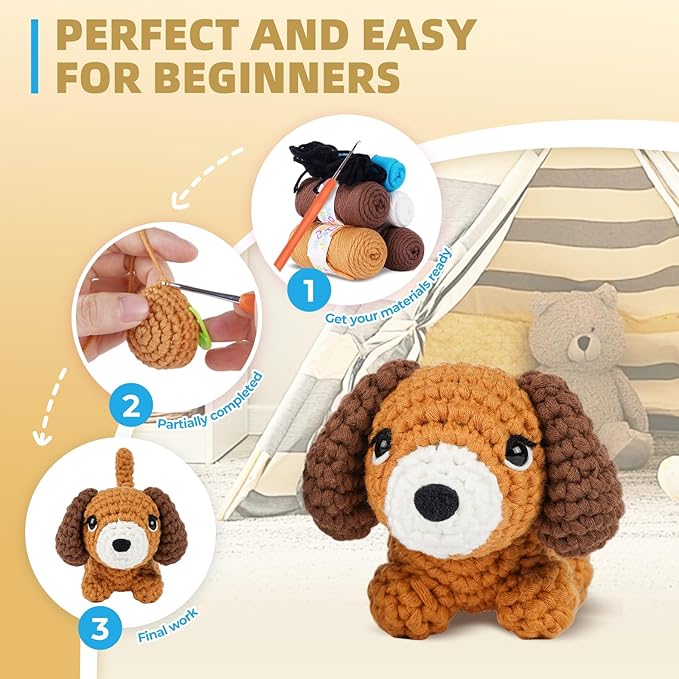 MOREJMTT Crochet Kit for Beginners, Learn to Crochet, Include Easy Knitting Soft Yarn, Step-by-Step Video Tutorial, Hook, Holiday Birthday Gift for Adults (Sausage Dog)