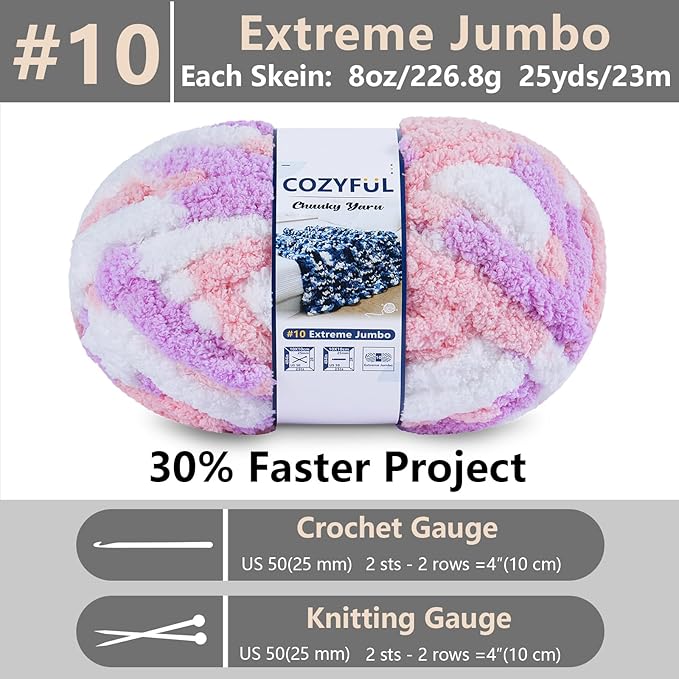 Chunky Yarn for Hand Knitting - #10 Chunky Chenille Blanket Yarn, Jumbo Big Thick Chunky Yarns for Crocheting, Tie Dye Bulky Knit Yarns, 8 Skein (25 yds 8 oz Each Skein), Purple&Pink&White