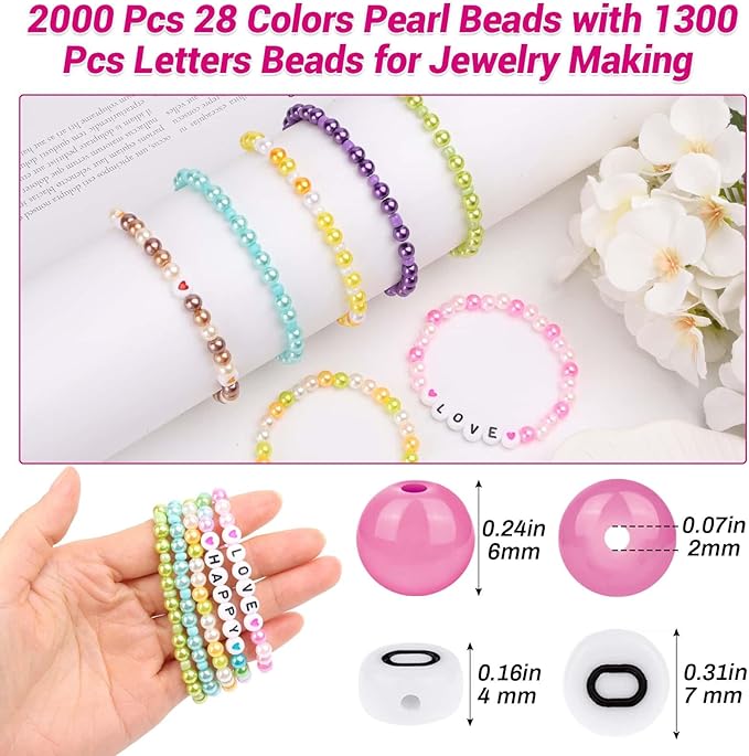 2000Pcs 6mm Small Pearl Beads for Jewelry Making 28 Colors with 1300Pcs Letter Beads for Bracelets Making, Bead Kit Bracelets Making for Crafting