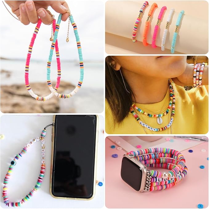 Yochus 4000pcs White Clay Beads Bracelet Making Kit, 6mm Flat Round Polymer Clay Disc Spacer Heishi Beads for Jewelry Making Earring Necklace