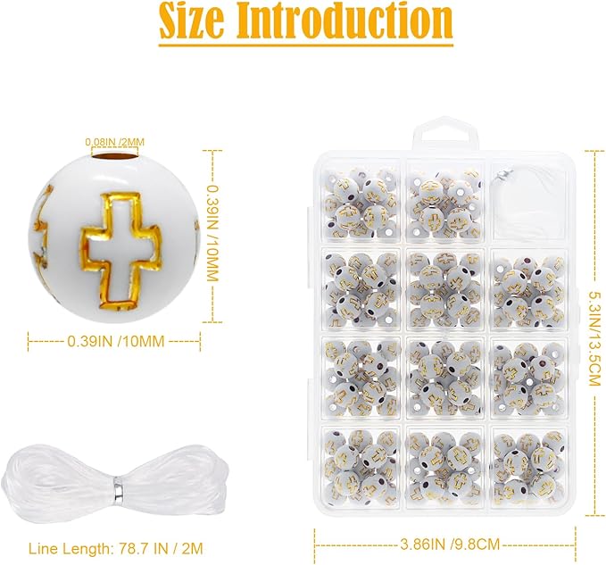 143 Pcs 10mm White Acrylic Cross Beads for Bracelet Making, DIY Christian Religious Rosary Beads with 2m Elastic String & 12-Section Storage Box, Jewelry Making Supplies for Men Women