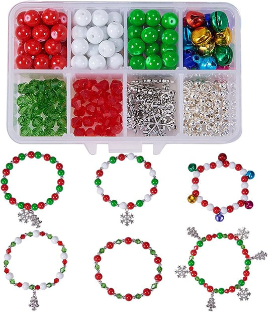 SUNNYCLUE 1 Box 263Pcs 6 Sets Christmas Adjustable Bracelet Making Kit Snowflake Christmas Tree Holiday Jingle Bells Winter Charms Red Green Beads for Jewelry Making Kits Women Adults Xmas Gifts