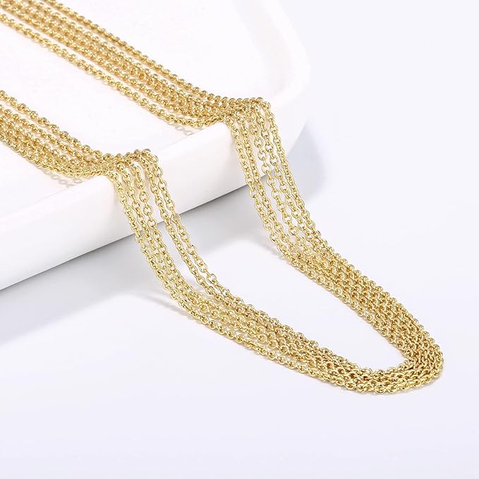 wholesale 12 pcs 14k real gold plated solid brass thin o chain necklace 1 mm finished chain bulk for jewelry making, size 16" + 2" extender