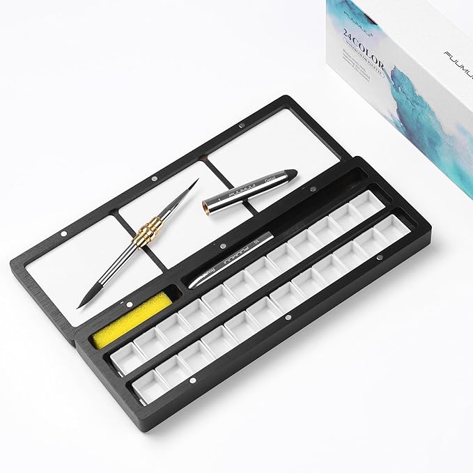 Fuumuui Watercolor Palette Box, Black Wood Palette Kit with Cover, 24 Empty Removable Half-pan Grids, Dual Tip Travel Brushes, for Watercolor Gouache Color Mixing, Pure White Palette