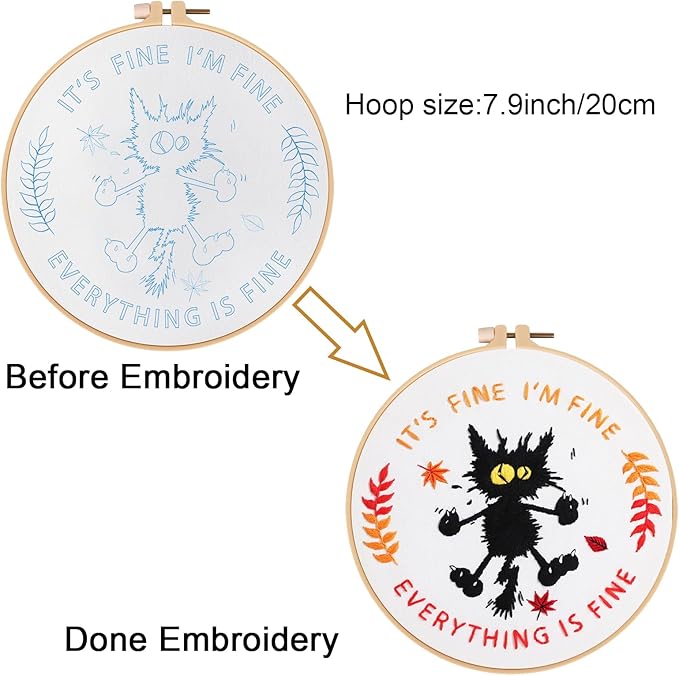 Louise Maelys Cute Cat Embroidery Kits for Beginners with Funny Animal Pattern,Adults Starter Cross Stitch Kit DIY Needlepoint Everything is Fine