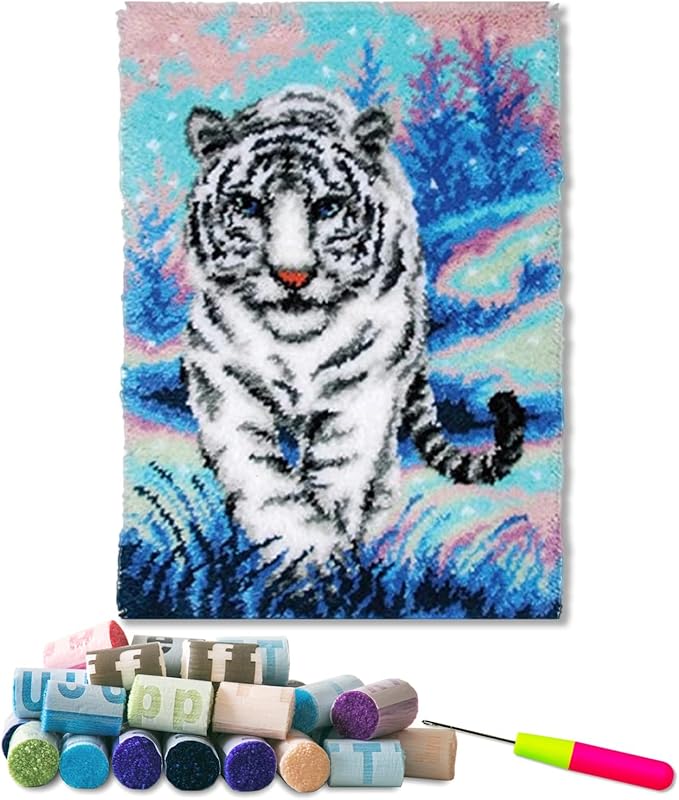 YOOTOM Tiger Latch Hook Rug Kit for Adult, DIY Handmade Carpet Crochet Needlework Mat Knotted Cushion Tapestry, Pre-Printed Latch Hook Kits, Embroidery Decoration Festival Gift 20x15 in.