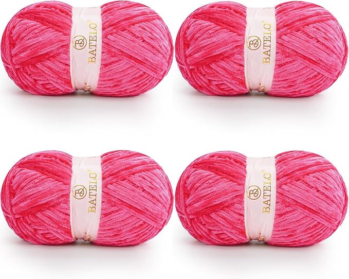 Velvet Chenille Yarn for Crocheting & Knitting 1440 Yards, Soft Thick Fluffy Bulky Blanket Yarn, 4 Pack of 10.5oz (Hot Pink)
