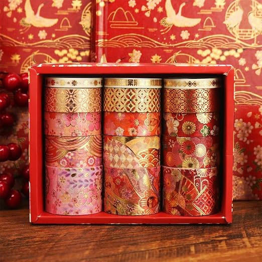 YUBBAEX Splendid Gold Washi Tape Set Embroidery Pattern Foil Decorative Tapes for Arts, DIY Crafts, Journal Supplies, Planners, Scrapbook, Gift Wrapping 15 Rolls (Fierce Flowers)