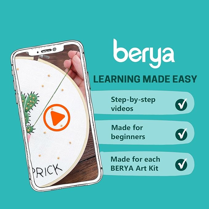 BERYA Cactus Embroidery Kit Including Video Step by Step Instructions Embroidery Hoop,Color Threads and Embroidery Scissors for Beginners-Handmade Needlepoint Kits for Adults
