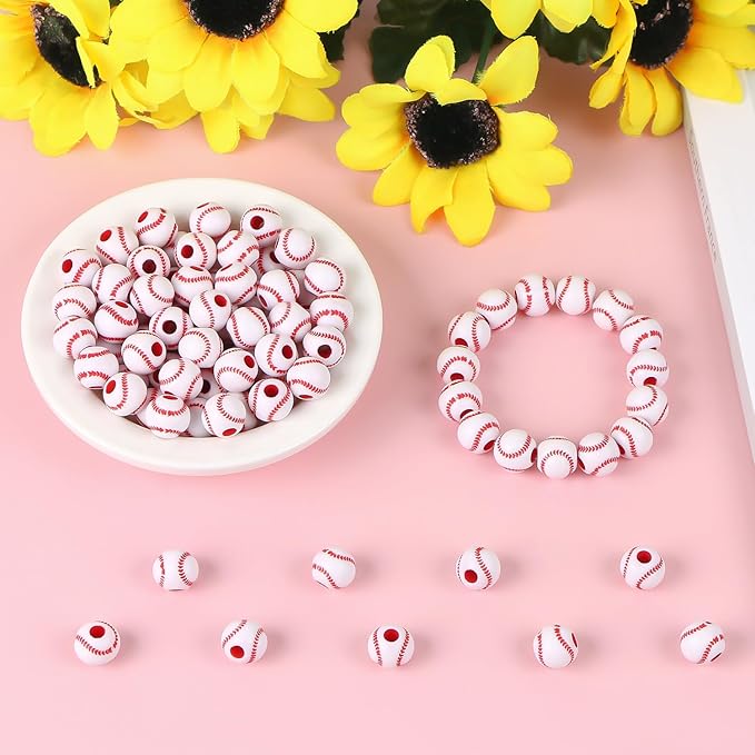 100pcs Baseball Beads with 5.5 Yard Elastic Rope,Acrylic Softball Beads Sports Bead DIY Spacer for Necklace Bracelet Keychains Handmade Jewelry Making Accessories Craft Supplies,12mm(White)