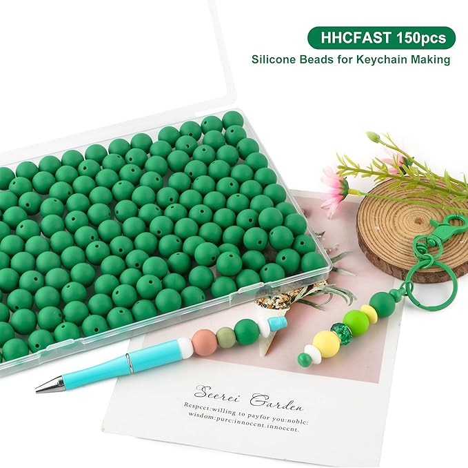 150Pcs 15mm Silicone Beads for Keychain Making Bracelet Necklace, Bulk Round Silicone Beads for Pens（Christmas Green）