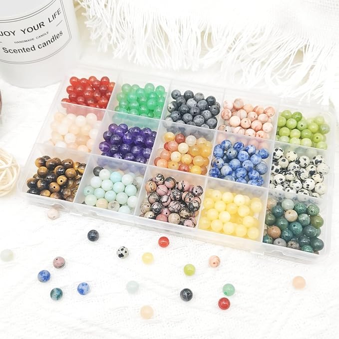 600pcs Natural Stone Beads Polished Beading 6mm Loose Beads Gemstone Crystal Energy Stone Healing Power for DIY Jewelry Making (6mm 15 Materials R1)