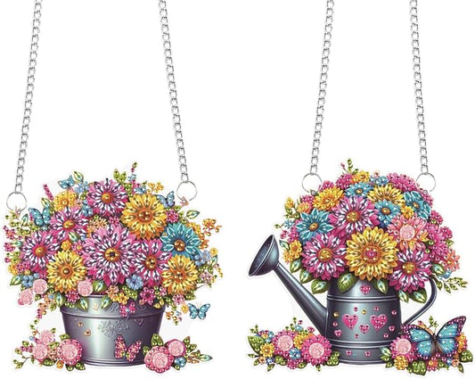 2 Pack Floral Diamond Painting Hanging Decorations – 5D DIY Flower Pot & Watering Can Wall Art, Special Shaped Diamond Art Kit with Hanging Chains, Garden-Inspired Decor for Home & Gift