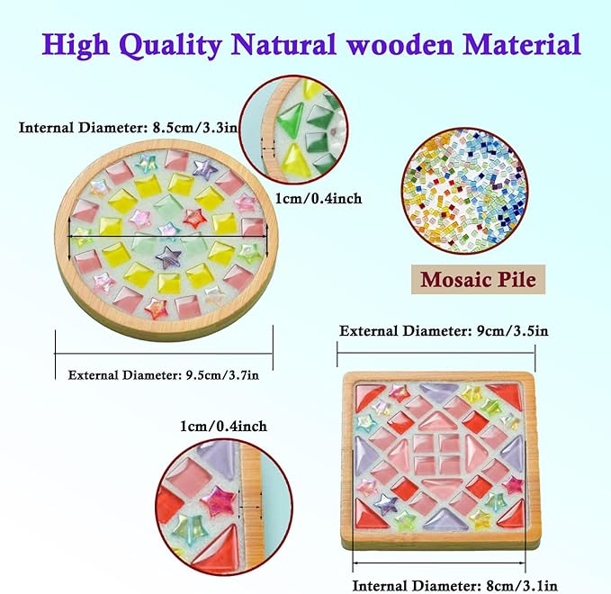 6 Sets DlY Mosaic Tiles for Crafts,Mixed Color Glass Mosaic Kits with Wooden Coaster for Adults,DlY Coasters Kit Mosaic Supplies for Handmade Home Decoration Gift (Square and Round)