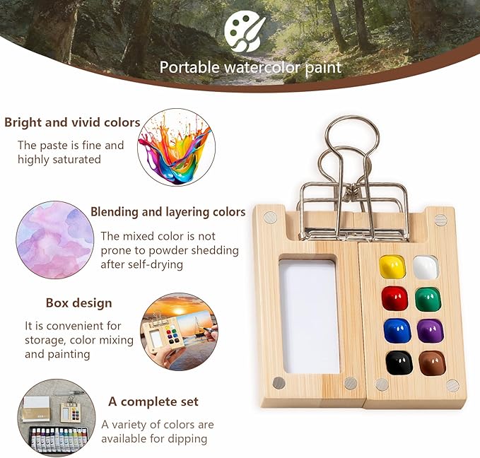 Mini Watercolor Paint Set Bamboo Travel Kit with Watercolor Palette Paintbrush Storage Bag and Water Storage Bottle Ready to Use Watercolor Sets for Artists and Beginners（8 Squares）