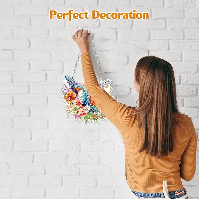 GHHKUD Hummingbirds Diamond Painting Pendant Ornament for Adults Kids, Double Sided Flowers Diamond Art Hanging Pendant, DIY Special Gem Painting Board Kit for Window Home Decor