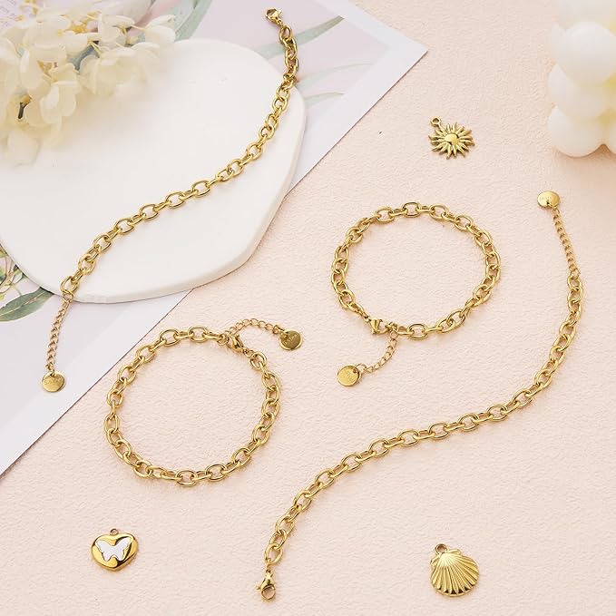 10 PCS 6.7 Inches Charm Bracelet Chains for Jewelry Making Gold Plated Stainless Steel Chain Link Bracelets Set with Lobster Clasps Adjustable Extender