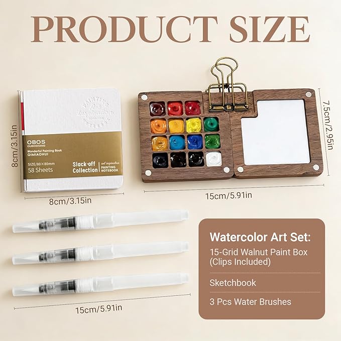 Mini Watercolor Travel Set, 15 Grids Pocket Watercolor Sets Portable Water color Painting Supplies With Brush Sketchbook Copper Clip for Beginners