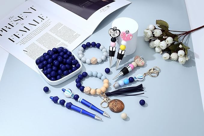 MAIBAOTA 120 Pcs Blue Beads for Bracelets 15 mm Navy Blue Beads for Keychain/Pens/Bracelet/Necklace Making Focal Beads Loose Rubber Round Silicone Beads Bulk for Craft Making（with Boxed Kits）