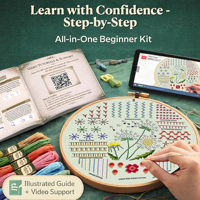 Moni Crafts - Embroidery Kit for Beginners Adults – Learn 41 Stitches with Complete Starter Kit, 4 Pre-Printed Patterns, Threads, Needles & Hoop – Hand Embroidery Kit with Video Tutorials