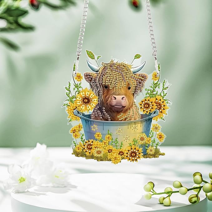 AiYuanzsh Diamond Painting Ornament 5D DIY Diamond Art Animal Cow and Sunflower Creative Design Handmade Acrylic Pendant Mosaic Making Kits by Number Kits Home Decoration Pendant