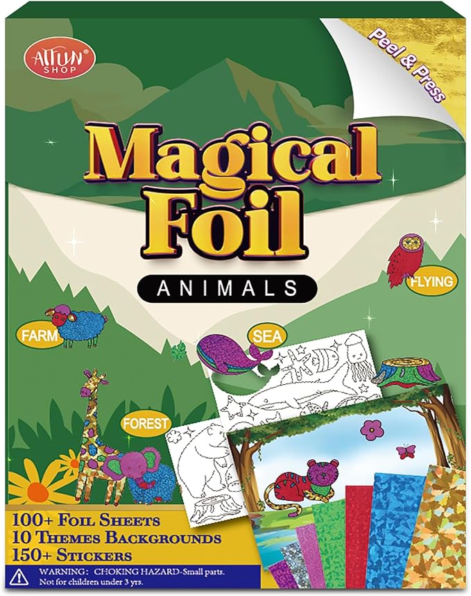 atfunshop magical foil art animals in forest farm sea & birds - no mess foil craft kit for kids ages 4 5 6 7 8 9 fun creative diy activity, ideal birthday gift for girls boys