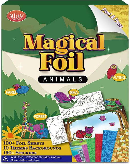 atfunshop magical foil art animals in forest farm sea & birds - no mess foil craft kit for kids ages 4 5 6 7 8 9 fun creative diy activity, ideal birthday gift for girls boys