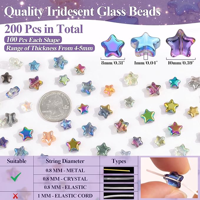 200PCS 8MM & 10MM Glass Star Beads Bedazzling Irisedent Glass Beads,Crystal Star Beads,Eletroplated Mixed Colors Cute Bead for Necklace Bracelet Jewelry Making,Spacer Beads Bulk for Crafting & DIY