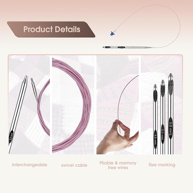 Tunisian Crochet Hooks Set Aluminum Metal Interchangeable Crochet Hook with Cable 3mm-10mm Ergonomic Crochet Hooks for Arthritic Hands 26Pic (Pink)
