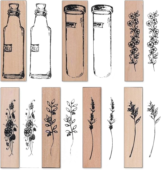 UCEC Wooden Plant Patterns Rubber Stamp, Plant and Flower Decorative Vintage Wooden Rubber Stamp Set for DIY Craft Card Scrapbooking Supplies Photo Album, Hand Book, Planner, Scrapbooking, 7Pcs