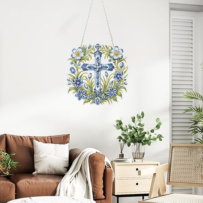 ZeeLionArt Hanging Diamonds Art kit for Adult,Cross Flowers Pendant Diamonds Painting Art Kit,7.5x7.6inch Acrylic Diamonds Painting Board Kit Ornament, Special Crystal Diamond Hanging Ornament