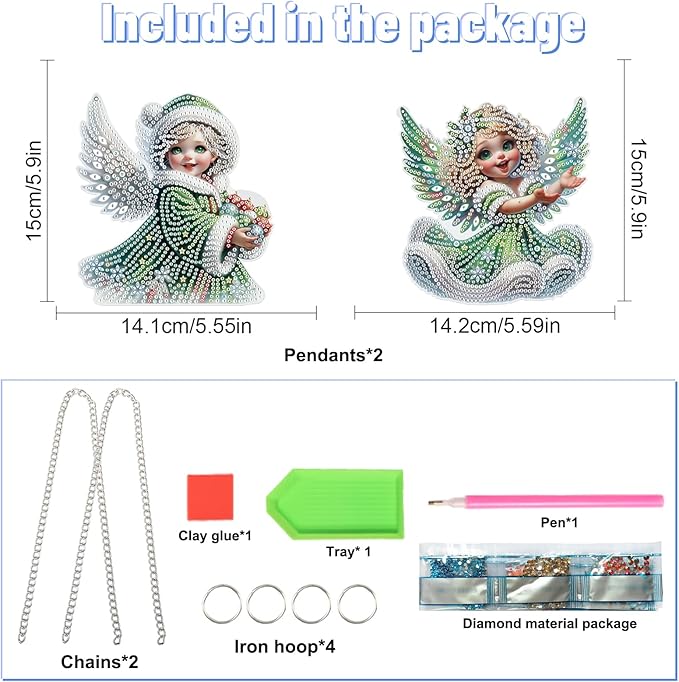 LazyFold 2 Pcs DIY Acrylic Diamond Art Painting Pendants Kits, Angel Special Shaped Rhinestone 5D Diamond Art Window Pendants Home Garden Wall Hanging Ornament Kits Gifts