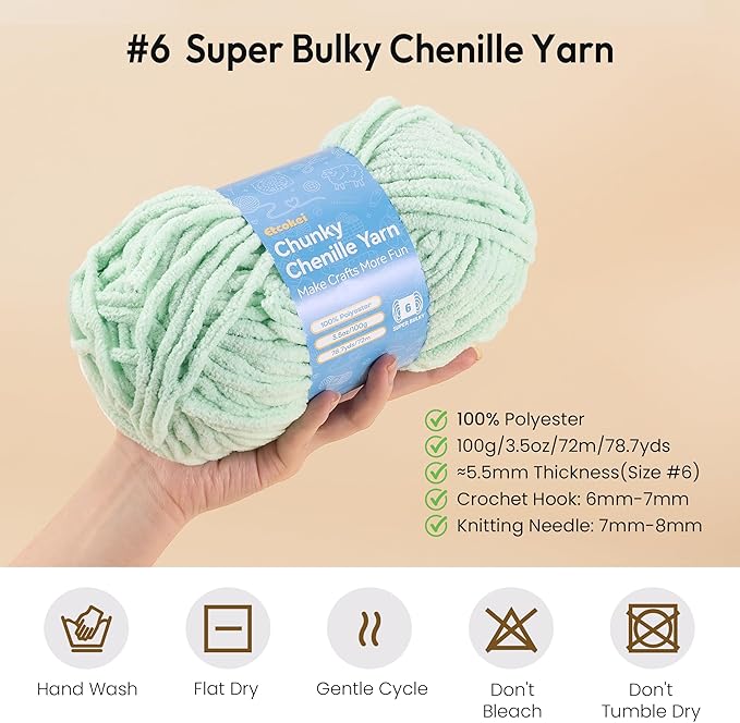 Chenille Yarn #6, Super Bulky Blanket Yarn for Crocheting & Knitting, Extra Soft Chunky Thick Yarn, Easy to Crochet, Perfect for Amigurumi, Baby Blankets, DIY Home Decor, 3Skeins(300g/10.5oz), Mint