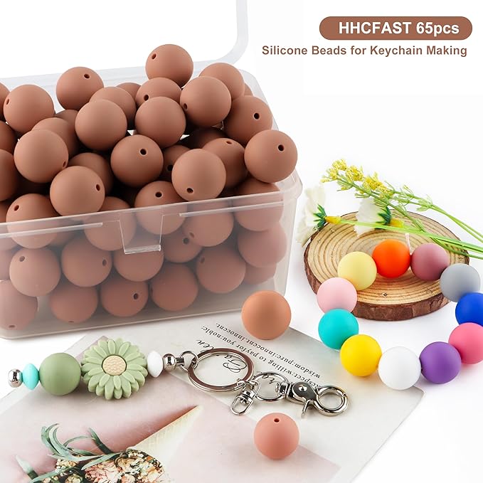 65Pcs 19mm Silicone Beads for Keychain Making Bracelet Necklace, Bulk Round Silicone Beads for Pens（Camel）