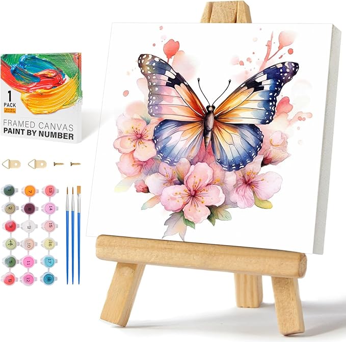 Framed Paint by Numbers Kit for Adults Beginners & Kids Ages 8-12, Butterfly Flowers Acrylic Easy Paint by Number with Frame, Paint by Number Kits on Canvas Framed (10 * 10 Inch, without Easel)